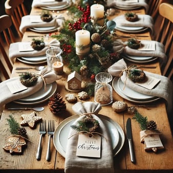 DALL·E 2024-12-17 10.33.36 - A Christmas table setting with personalized place settings. Each seat features a hand-lettered place card tied to a small pinecone or mini wreath. The